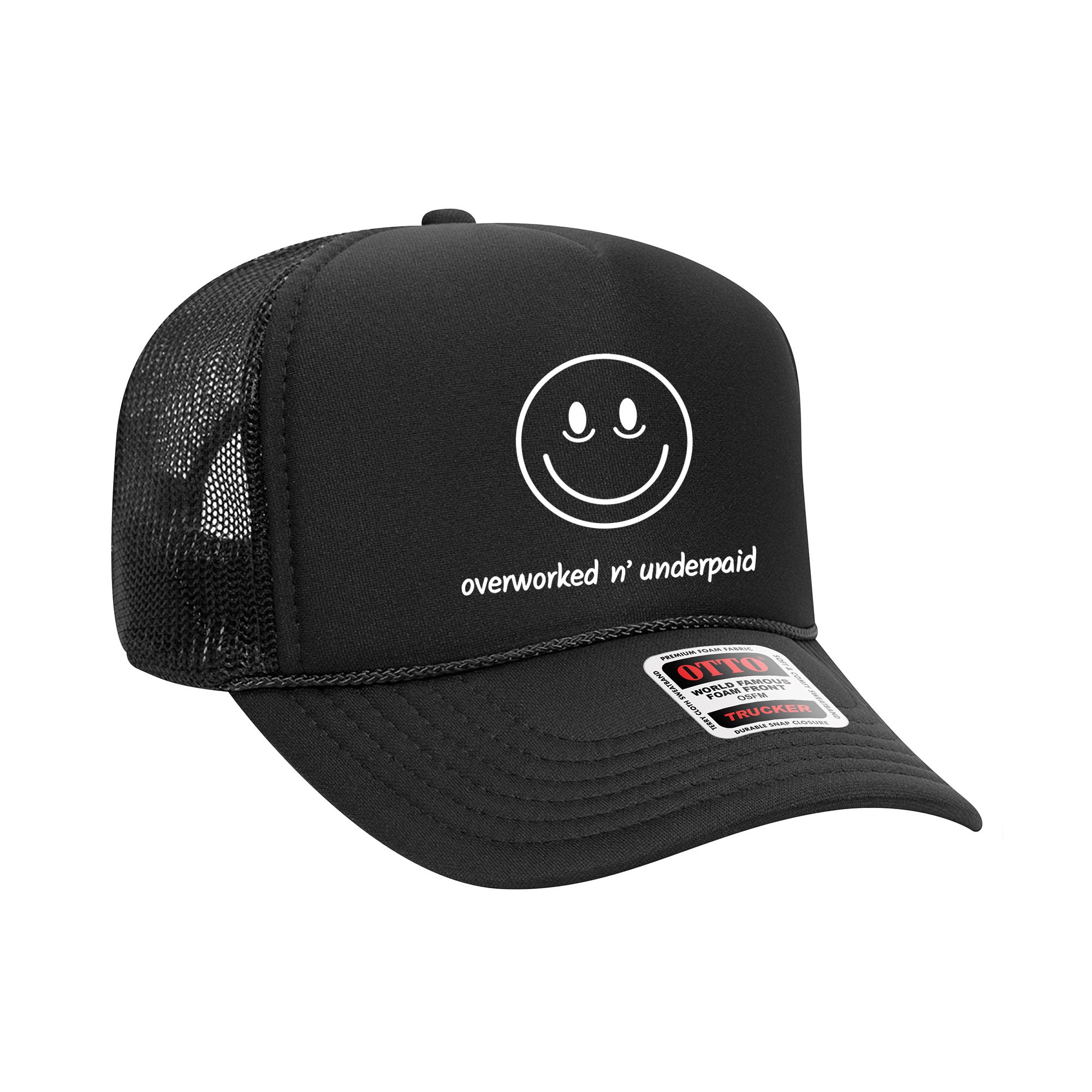 Smiley Overworked Black Trucker Hat